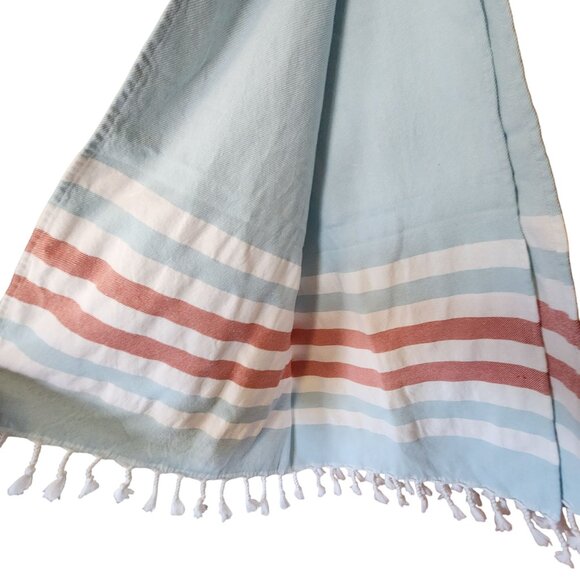 Light Blue Turkish Cotton Throw With Red & White Stripes By Rodan + Fields - Picture 2 of 3
